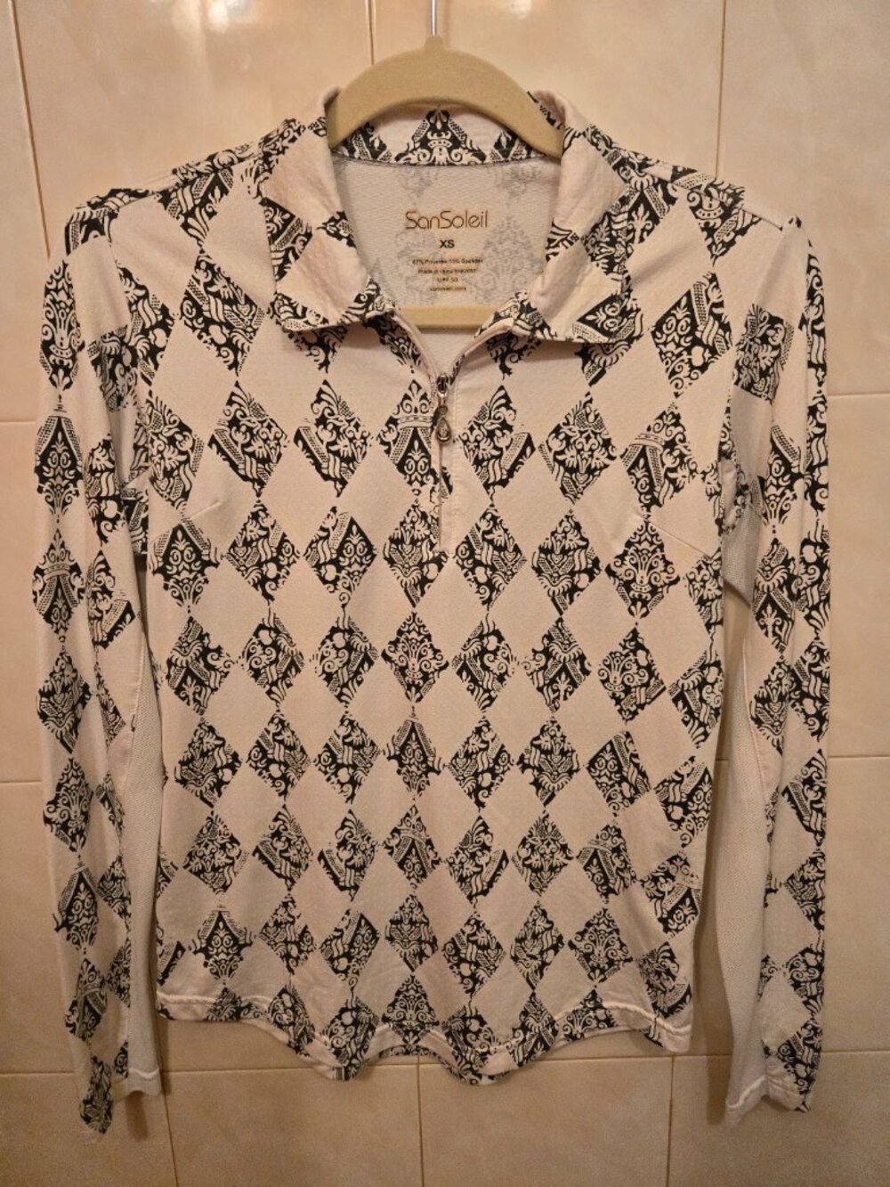 SanSoleil UPF 50+ Diamond Harlequin Print 1/4 Zip Long Sleeve Golf Tennis Top XS